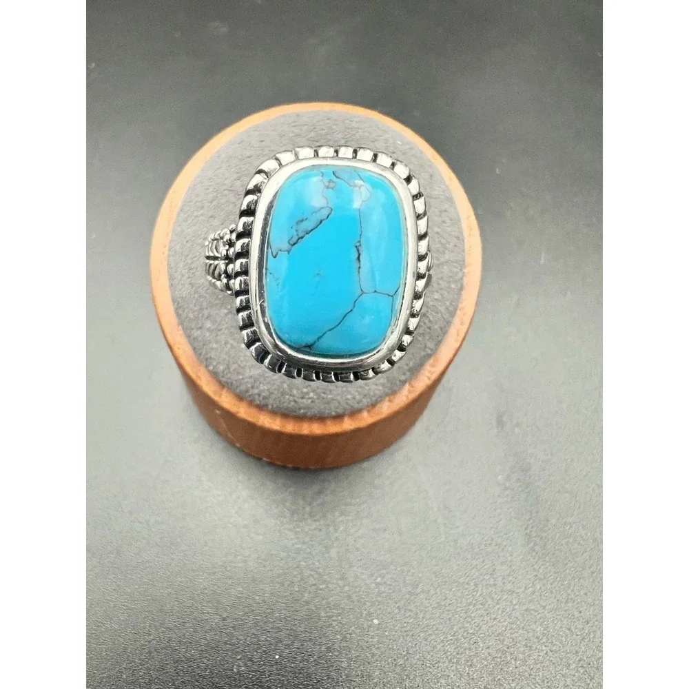 Vtg Southwestern Style Large Faux Turquoise Cabochon Rope Twist Statement Ring 9